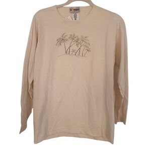 Morning Sun NWT Small Cream Palm Tree Rhinestone Long Sleeve T-Shirt Vintage 90s
